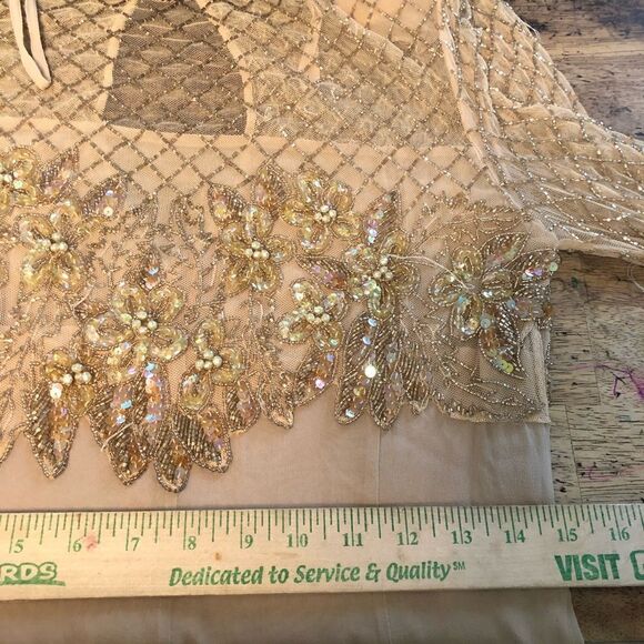 Jovani Evening Long Sleeve Beaded Illusion Beige Gatsby Deco Formal Keyhole Gown - Picture 15 of 15